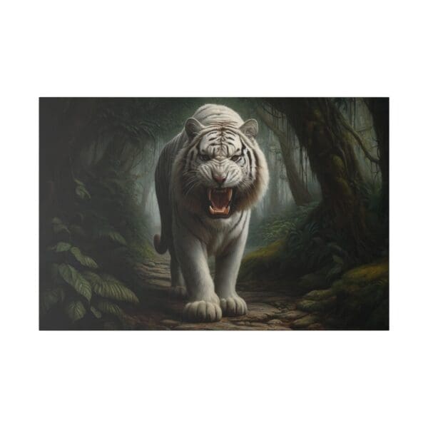 A roaring white tiger in the jungle.