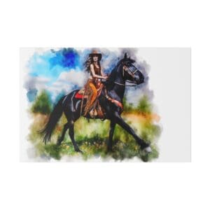 Cowgirl riding black horse in watercolor style.