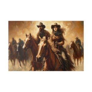Cowboys and cowgirl riding horses in desert.