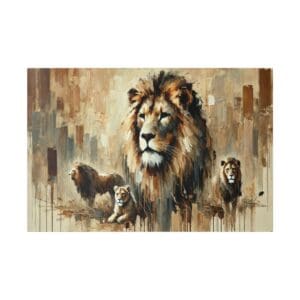 Painting of a lion and lionesses.