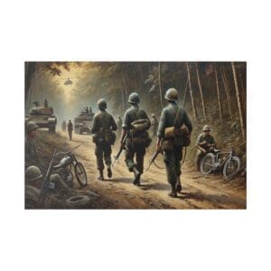 Soldiers marching through a forest.
