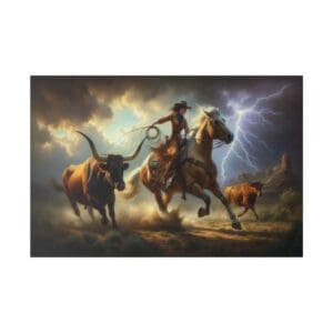 Cowgirl riding horse chasing cattle during storm.