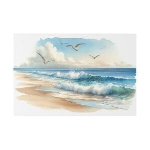 Seagulls flying over sandy beach waves.