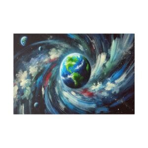 Painting of Earth in a swirling galaxy.