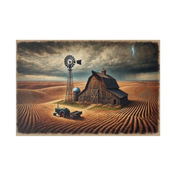 Farmhouse, windmill, and tractor in field.
