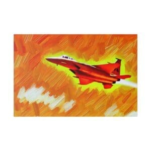 Red fighter jet flying in orange sky.