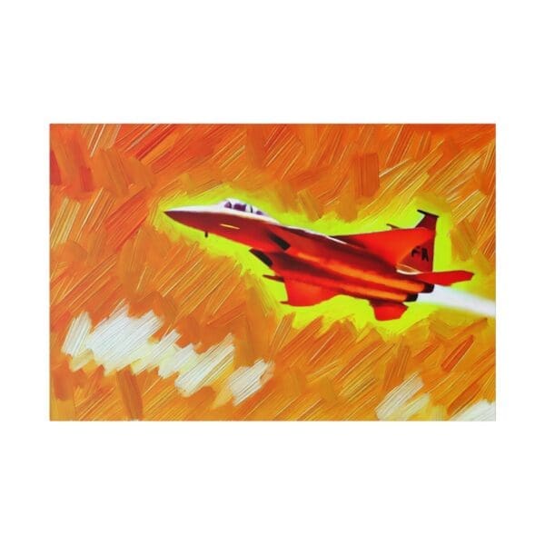 Red fighter jet flying in orange sky.