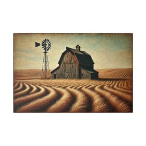 Barn with windmill in a field of wheat.