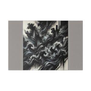 Abstract painting of dark waves and buildings.