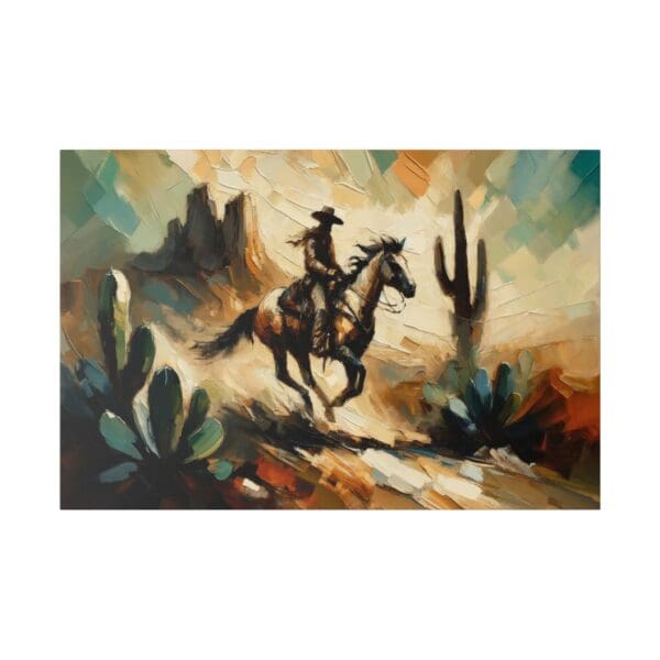 Cowboy riding a horse through desert landscape.