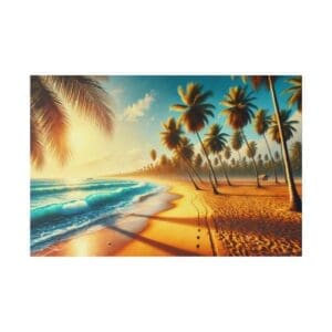 Palm trees on a tropical beach at sunset.