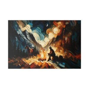Abstract campfire scene under crescent moon.