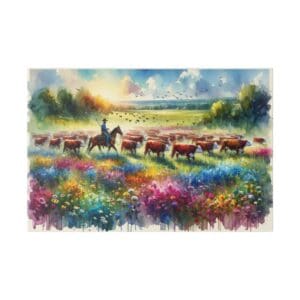 Cowboy riding horse through field of cattle.