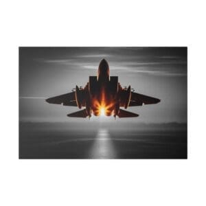 Silhouette of a fighter jet taking off.