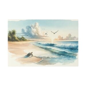 Sea turtle on beach with birds flying.