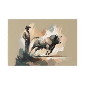 Bull charging with cowboy in background.