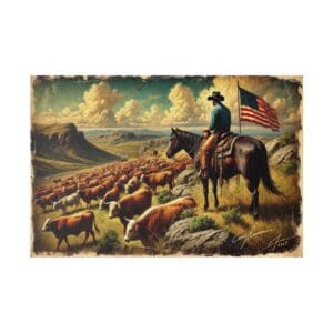 Cowboy herding cattle with American flag.