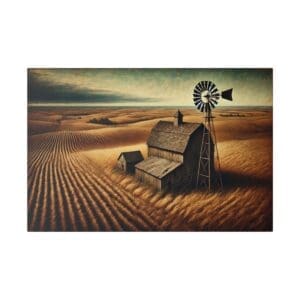 Windmill and barn in a field of wheat.