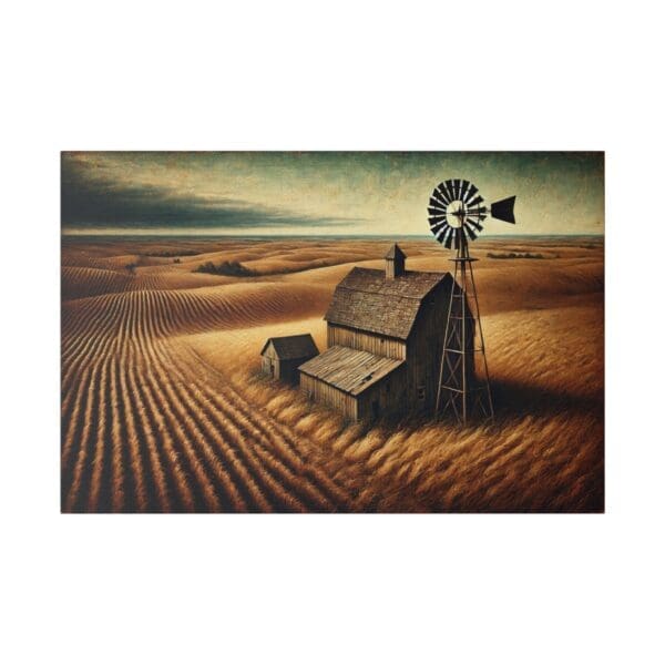 Windmill and barn in a field of wheat.