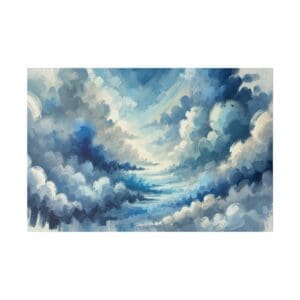 Abstract painting of blue and white clouds.