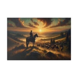 Cowboy on horseback at sunset with cattle.