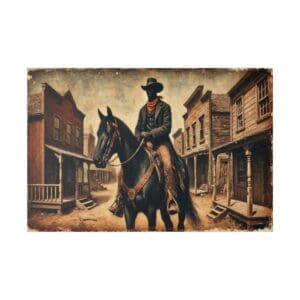 Black cowboy riding a horse in a town.