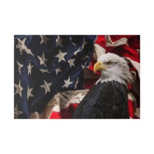 Bald eagle perched on an American flag.