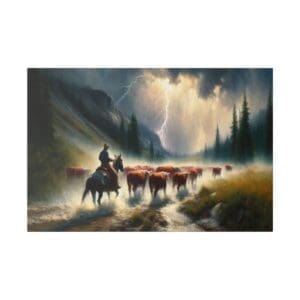 Cowboy herding cattle under stormy sky.