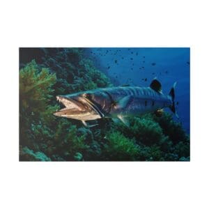 Barracuda swimming near coral reef underwater.