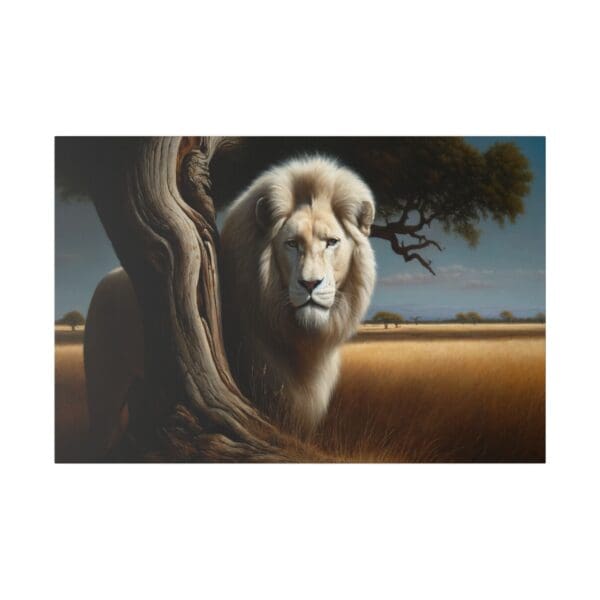 White lion standing behind a tree in savanna.