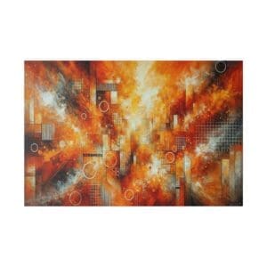 Abstract painting with orange and white shapes.