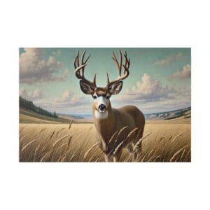 A buck deer stands in a field of tall grass.