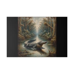 Alligator in a swampy forest scene.
