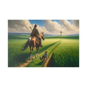 Man on horseback with dog towards cross.