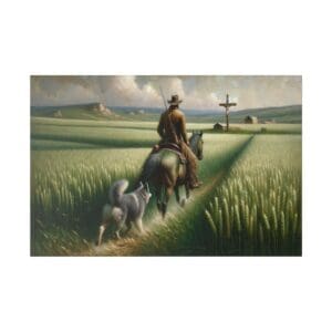 Cowboy riding horse with dog in field.
