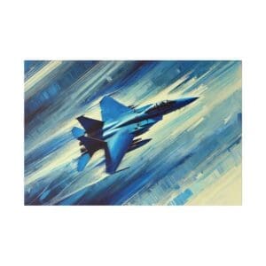 Blue F-15 Eagle fighter jet flying.