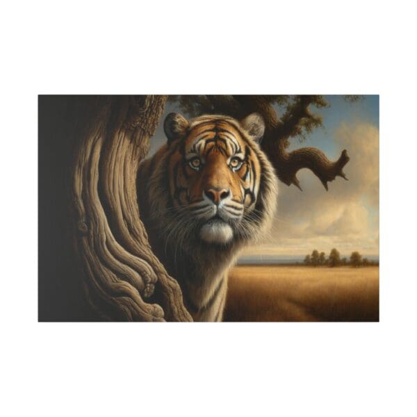 Tiger looking out from behind a tree.