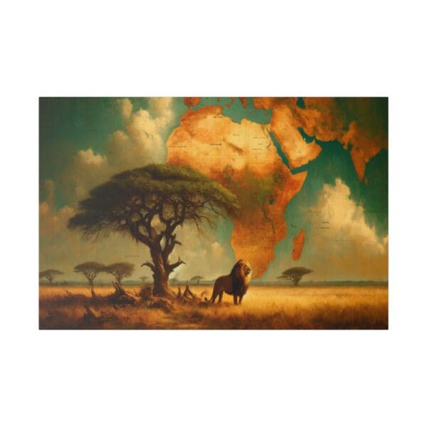 Lion standing in African savanna with map.