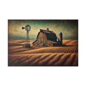 Rustic barn with windmill and silo in field.