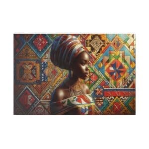Woman in colorful attire, geometric background.