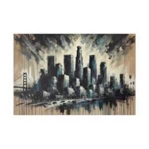 Los Angeles skyline painting with bridge.