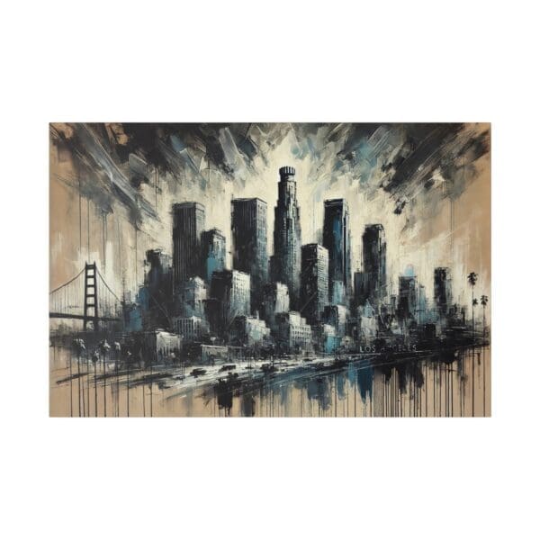 Los Angeles skyline painting with bridge.
