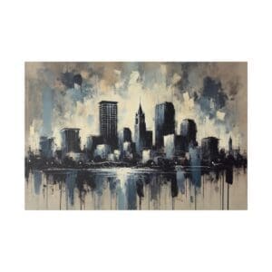 Cityscape painting with water reflection.