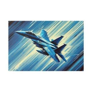 Blue F-15 fighter jet in flight.