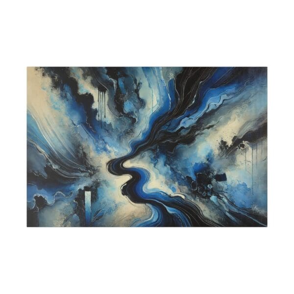 Abstract painting with blue and black swirls.
