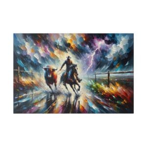 Colorful cowboy and bull in stormy landscape.
