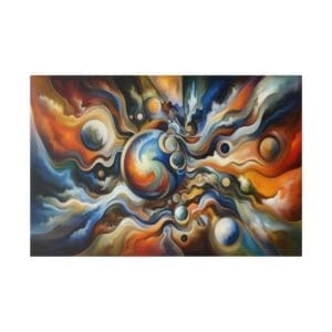 Abstract cosmic painting with swirling planets.