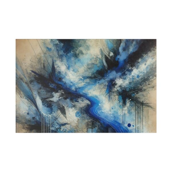Abstract painting with blue and black hues.