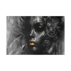 Futuristic face with gears and leaves.