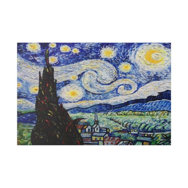 Starry night over a village with a church.